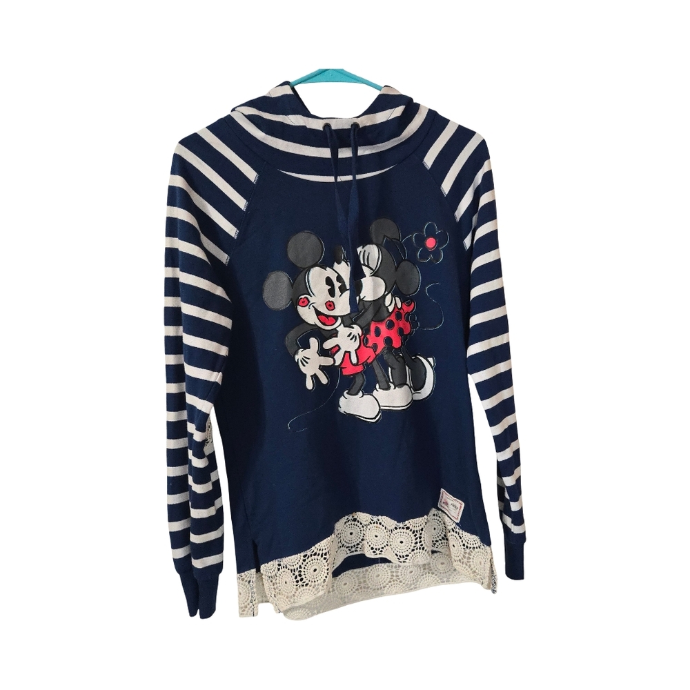 Disney Micky And Minnie Navy and White Striped Hoodie Size M